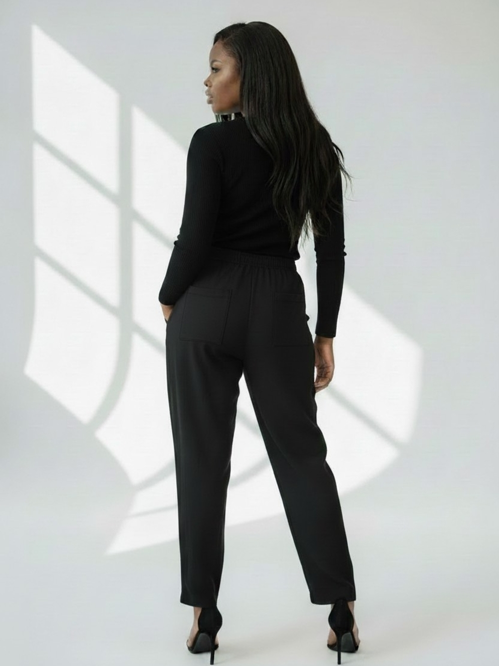Black linen with Drawstring Tailored  Pants - Women - Picture 2 of 5